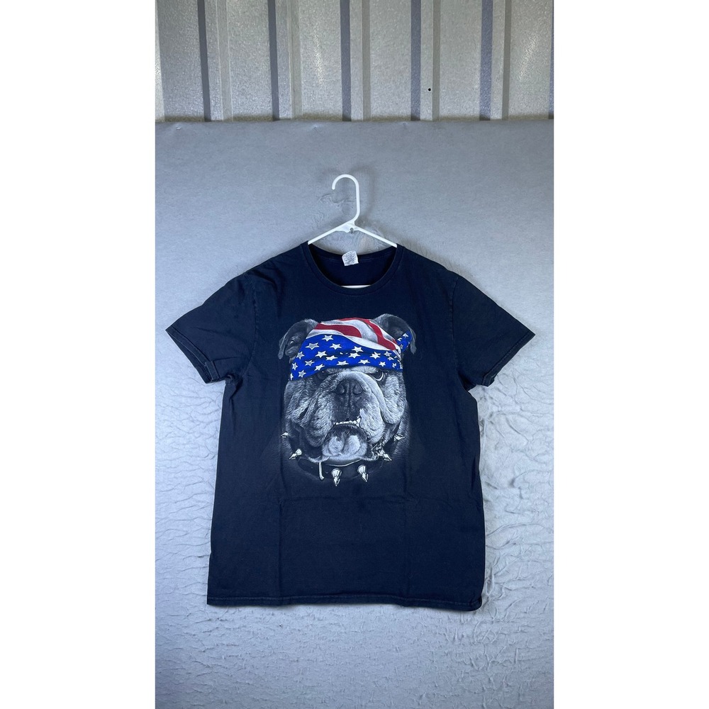 Spirit of America T-Shirt Men Large Black Bulldog American Flag Graphic Tee
